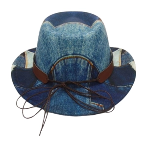 Vintage kids western denim patchwork fedora hat with brown leather band and rope trim