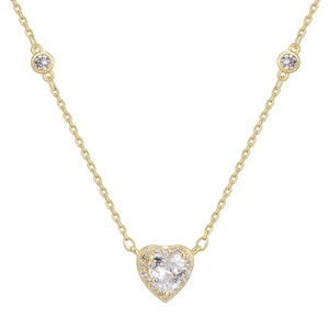 Elegant S925 silver gold heart pendant necklace with clear zircon stones on white background