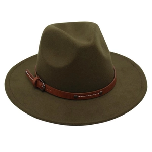 Close-up of felt fedora hat with brown leather belt buckle strap and silver metal rivets