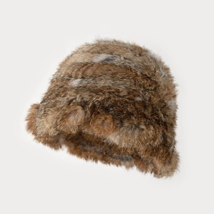 Thick fluffy faux rabbit fur bucket hat in vintage brown and grey mixed tones