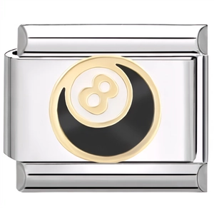 Detailed close-up of a silver modular charm with gold border and 8-ball enamel design