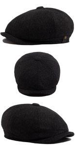 Three-angle view of gray newsboy cap showing herringbone wool texture and leather detail