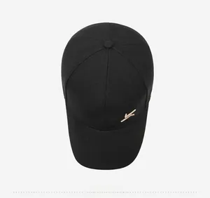 Top view of a black baseball cap for men featuring six-panel construction and gold embroidery