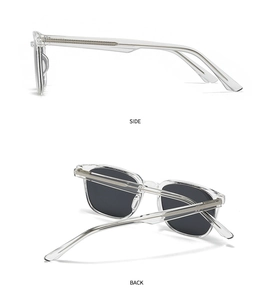 Détail des lunettes de soleil transparentes montrant le profil et le noyau métallique interne