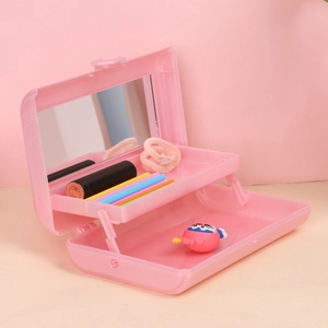 Pink double-layer foldable cosmetic storage box with mirror for travel and makeup organizer