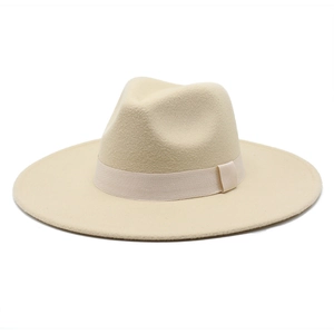 Detailed close-up of beige wide-brim wool fedora hat with matching grosgrain ribbon trim