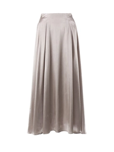 Detailed view of high-waist champagne satin maxi skirt with elegant pleats and silky texture