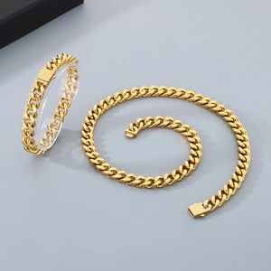 Polished gold Miami Cuban chain necklace and bracelet set for men and women