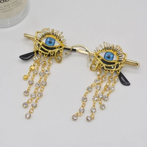 Evil Eye Sunglasses With Rhinestone Tassels Metal Frame Blue Eye Design Exaggerated Round Decorative Glasses For Women