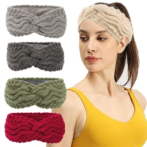 Winter fleece-lined knit headbands in five colors with twisted cable texture