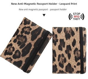 Detail view of RFID blocking leopard print passport covers with secure elastic closure bands