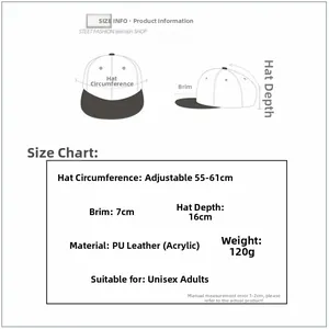 Detailed size chart for hip-hop baseball cap showing adjustable 55-61cm circumference