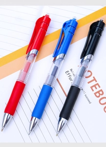 Detailed shot of retractable 0.5mm gel pens in red blue and black on a notebook