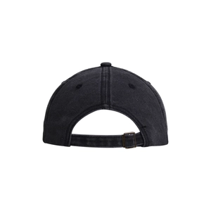 Back view of washed black cotton baseball cap showing vintage metal buckle and stitching