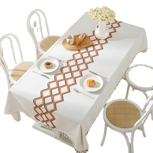 Beige geometric diamond tablecloth with white tassels for rectangle dining table decor