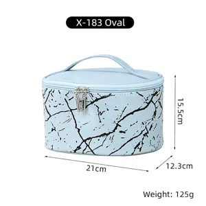Blue marble PU makeup bag dimensions 21x12.3x15.5cm with handle and dual zippers