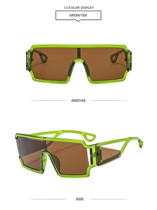 Detail view of fluorescent green cutout punk sunglasses with tea lenses and side temple design