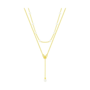 Elegant double-layered 18K gold necklace featuring a hollow butterfly pendant and pearls