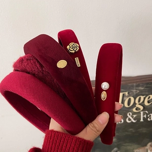 French vintage burgundy velvet and knit headband with pearls and camellia flower