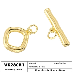 Detailed view of square hammered brass toggle clasp in 18K gold plating for jewelry
