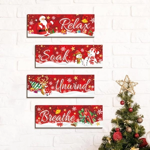 Set of four red wooden Christmas wall signs featuring Santa and snowman holiday decor