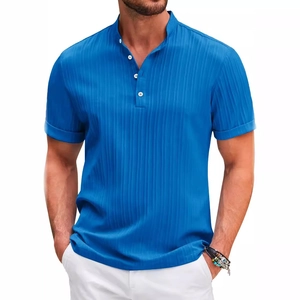 Men's blue vertical striped short sleeve Henley shirt with mandarin collar and buttons