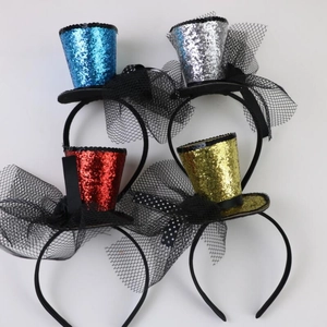 Detail of four colorful sequin mini top hat headbands for Halloween party accessories