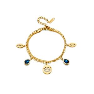 Golden double-layer stainless steel bracelet with blue teardrop stone and evil eye charms