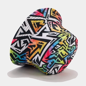 Fashionable graffiti bucket hat with colorful geometric patterns and street style aesthetics