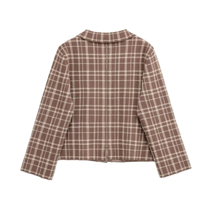 Plaid pattern knit cardigan for women with lapel collar and classic brown-white grid
