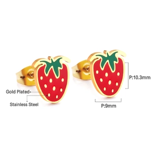 Detail showing red strawberry stud earrings dimensions 10.3mm x 9mm in gold plated steel
