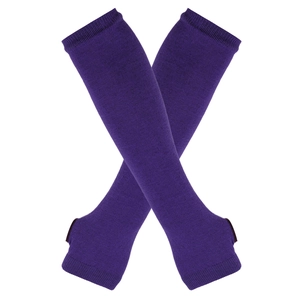 Detail of purple knitted fingerless arm warmers with thumb holes on white background