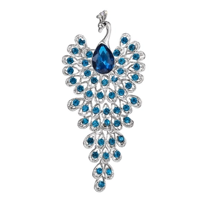 Elegant silver peacock brooch featuring vibrant blue rhinestones and a large teardrop stone
