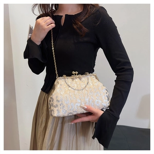 Detail of vintage woven clutch bag with gold chain strap held by a female model