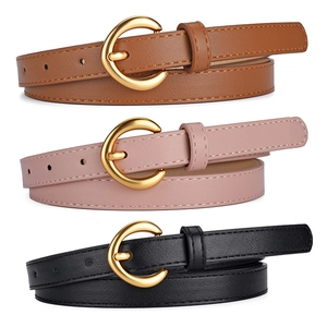 Three minimalist leather belts with crescent gold metal buckles in brown pink and black