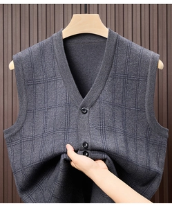 Detailed view of elastic knit fabric on men's V-neck dark grey cardigan vest