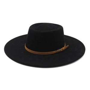 Minimalist black wool felt boater hat with a brown suede band and gold metallic V-buckle