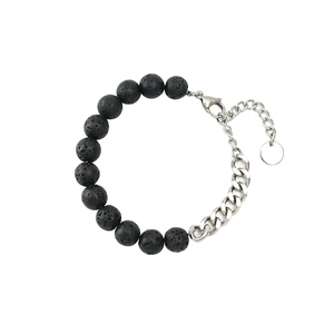 Detail of lava stone beads and stainless steel chain bracelet with lobster clasp