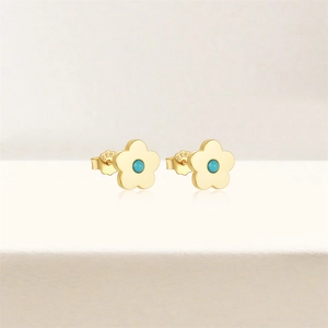 Detailed macro view of S925 sterling silver stamp on golden turquoise flower stud earring