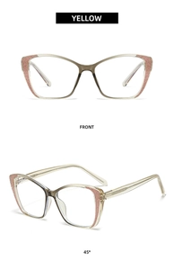 Detailed view of champagne yellow cat-eye glasses frame with pink glitter accents