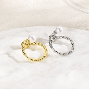 Minimalist 18k gold and silver plated wave pearl rings with irregular metal texture