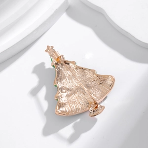 Golden Christmas tree brooch with rhinestones and enamel, back view with secure pin
