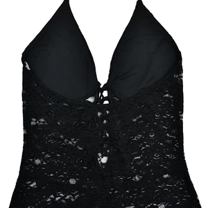 Close-up detail of sexy backless lace jumpsuit with V-neck and crisscross tie design