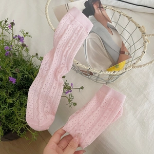 Pink sheer lace crew socks with breathable hollow mesh for a sweet summer style