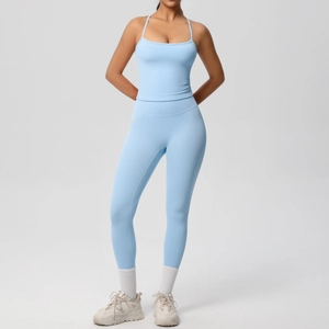 Close-up of light blue seamless yoga set with sports bra and high-waist leggings