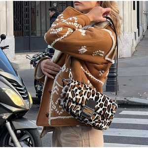 Vintage brown lamb wool jacket with white embroidery and stylish leopard print handbag