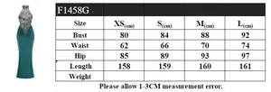 Size guide for halter embroidered slim fit evening dress in deep green showing cm dimensions