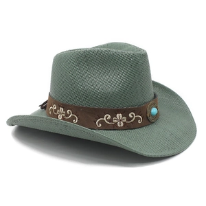 Detail of grey-green woven cowboy hat with embroidered brown band and turquoise stone
