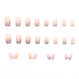 Pink and grey gradient press-on nails set with leopard bow and heart patterns, 24 pieces