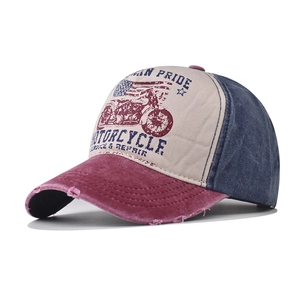 Detail of vintage washed cotton baseball cap with motor motorcycle service printing